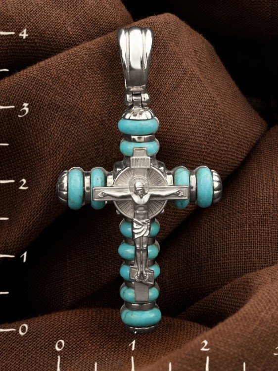 Крест из белого золота c бирюзой