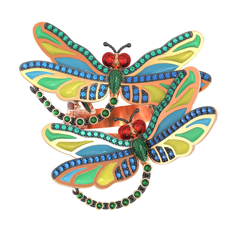 Кольцо из золота c сапфиром, изумрудом и эмалью