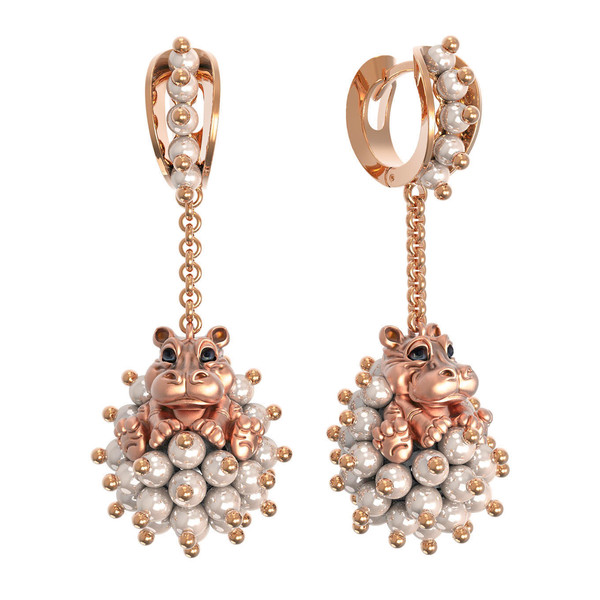 Серьги из золота c эмаль и жемчугом