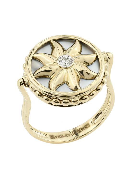 Кольцо из лимонного золота c бриллиантами, лазуритом и перламутром