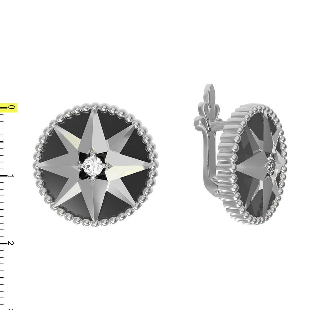 Серьги из белого золота c фианитом и ониксом