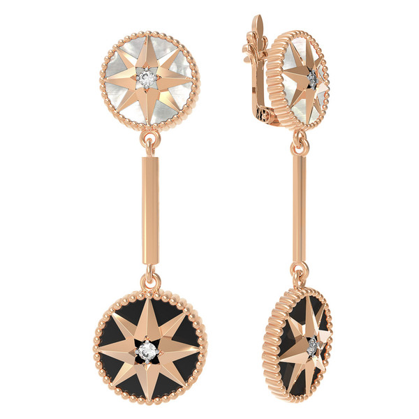 Серьги из золота c фианитом, ониксом и перламутром