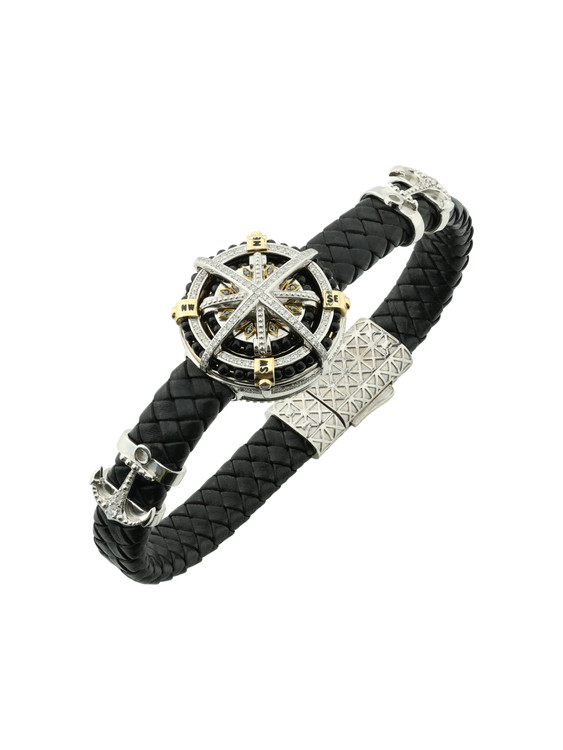 Браслет из белого золота c эмаль , бриллиантами, кожаным шнурком и ониксом