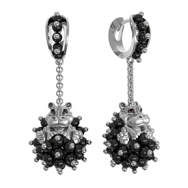 Серьги из белого золота c эмаль и ониксом