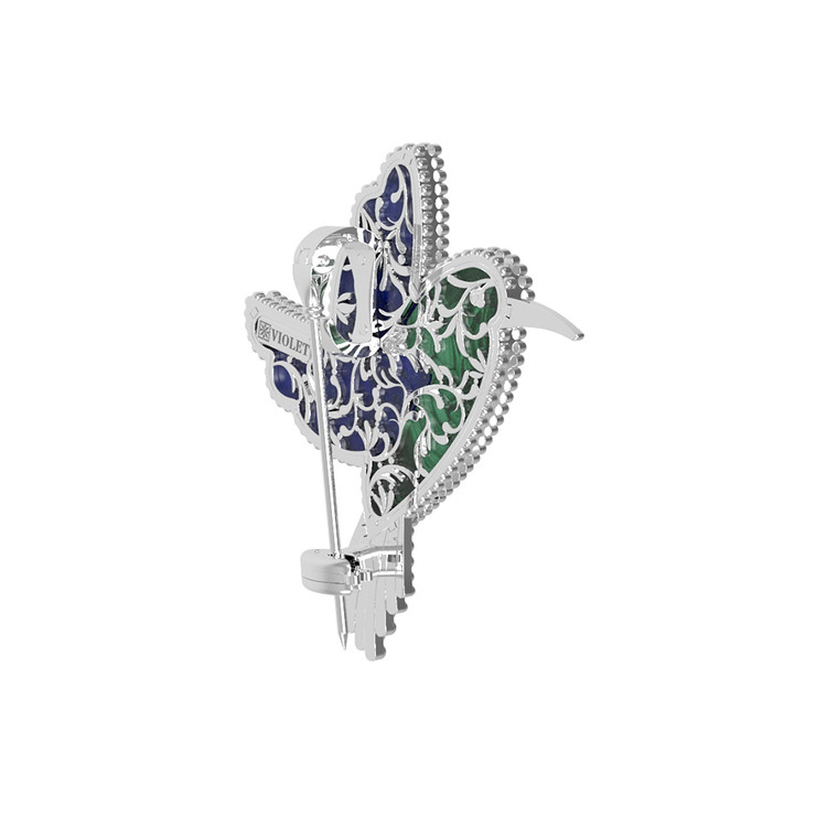 Брошь из белого золота c эмаль , лазуритом и малахитом