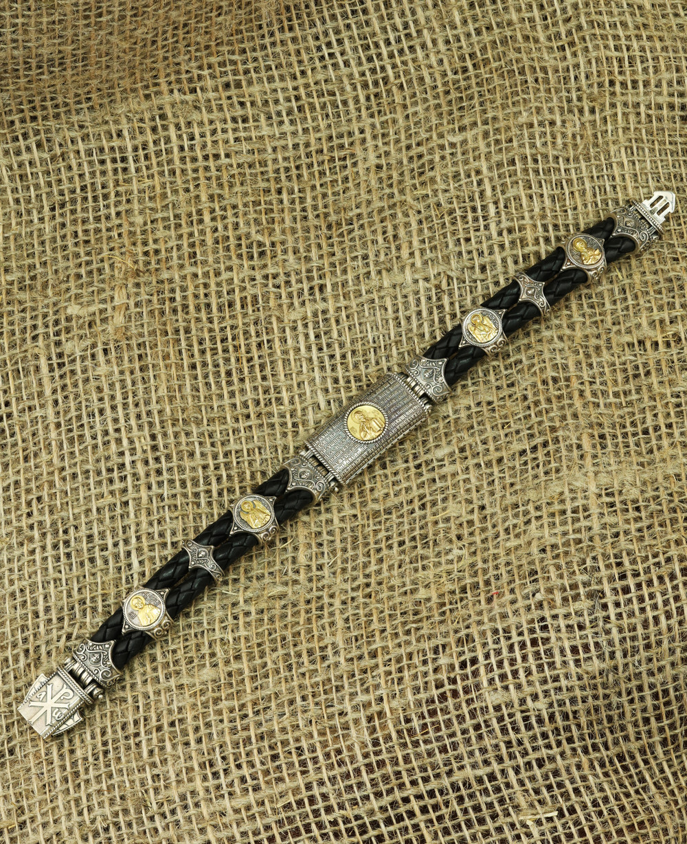 Браслет из серебра и золота c кожаным шнурком