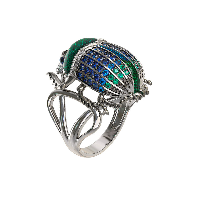 Кольцо из белого золота c эмаль , фианитом и сапфиром