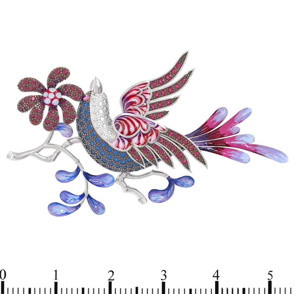 Брошь из белого золота c эмаль и фианитом