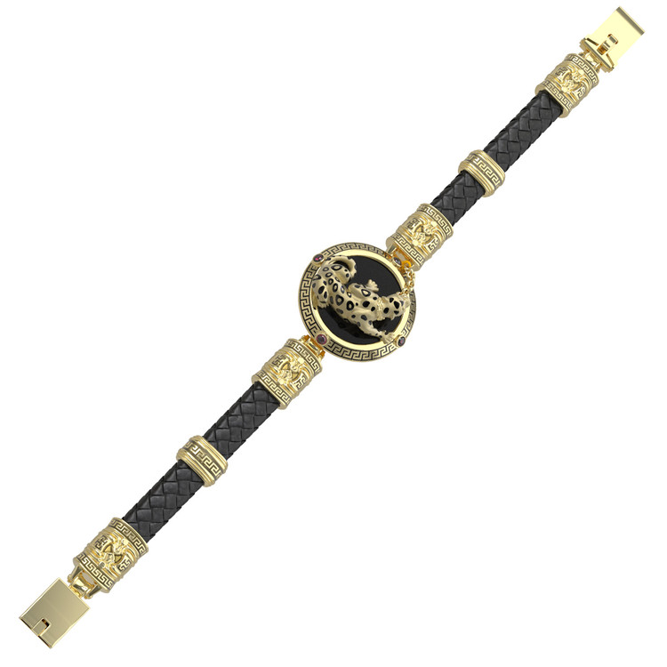 Браслет из лимонного золота c эмаль , шнурком, ониксом и рубином