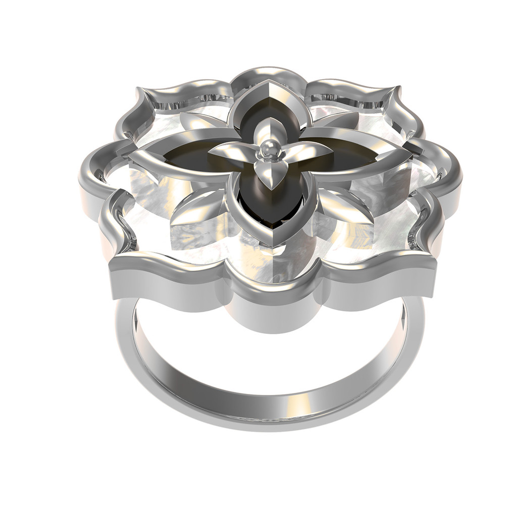 Кольцо из белого золота c ониксом и перламутром