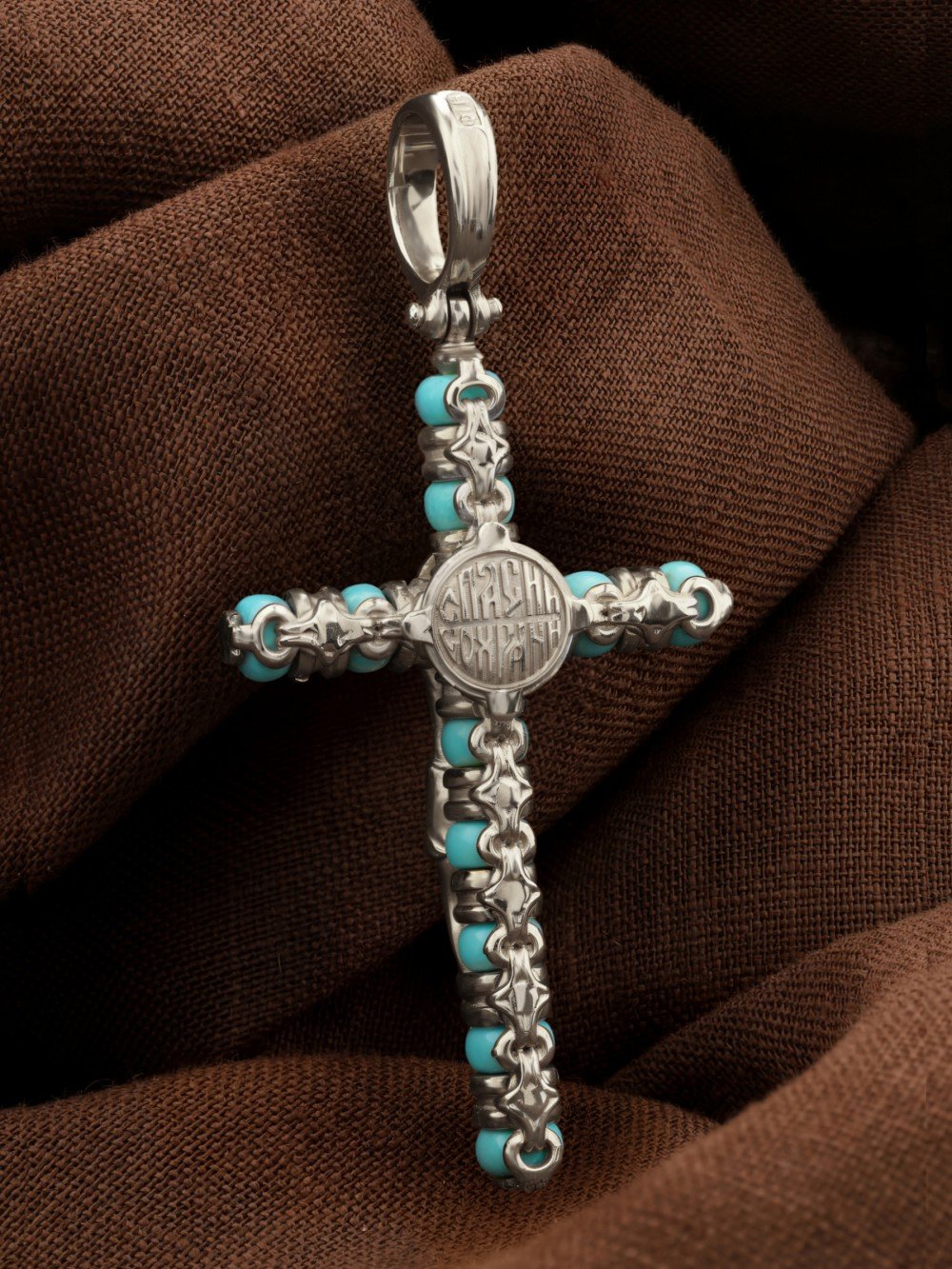 Крест из белого золота c бирюзой