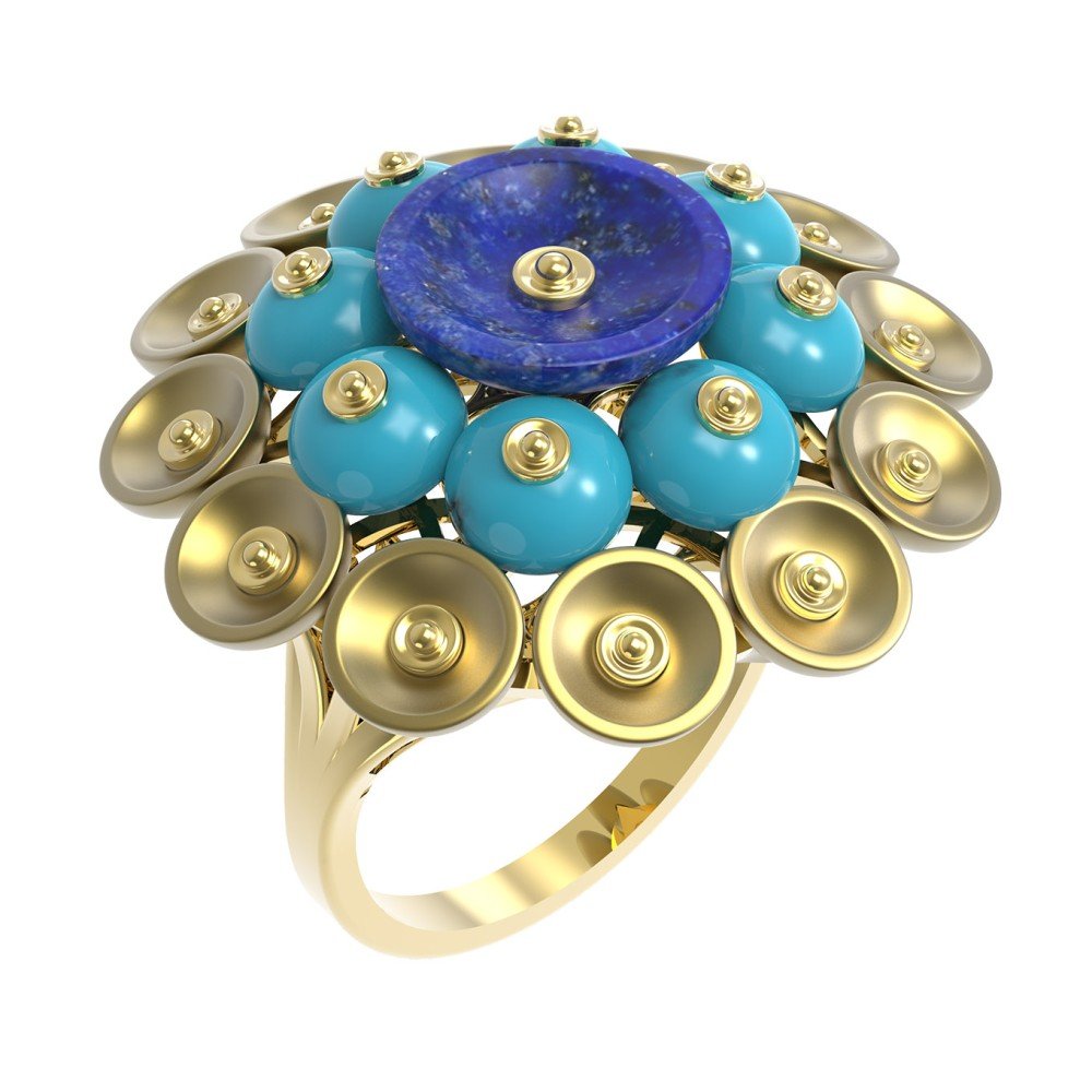 Кольцо из лимонного золота c бирюзой и лазуритом