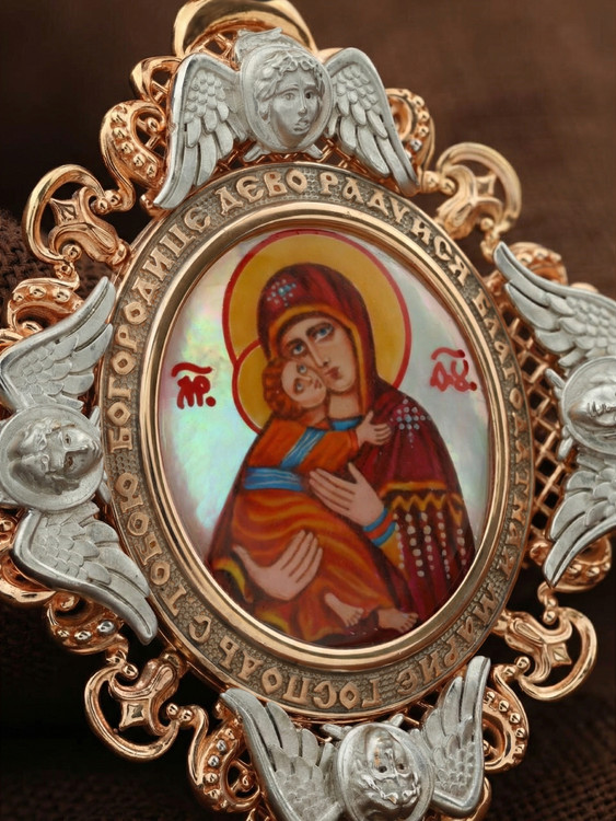 Образок из золота c эмаль и перламутром