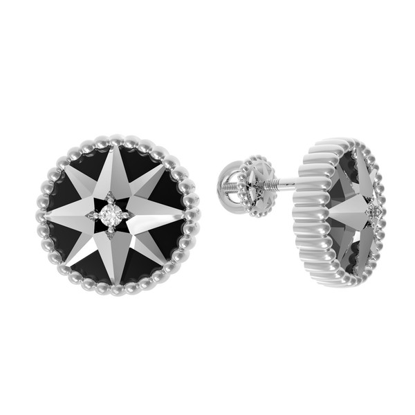 Серьги из белого золота c фианитом и ониксом