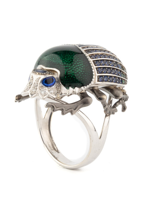 Кольцо из белого золота c эмаль , фианитом и сапфиром