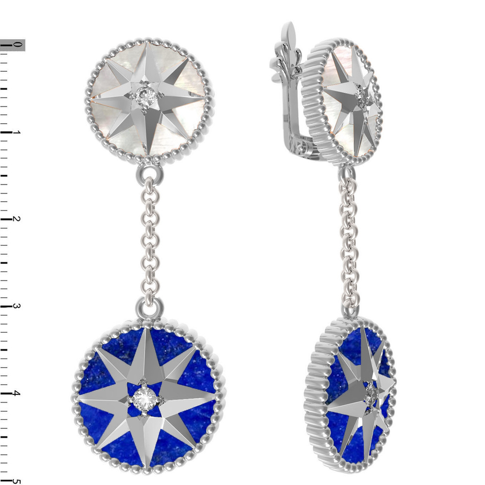 Серьги из белого золота c фианитом, лазуритом и перламутром