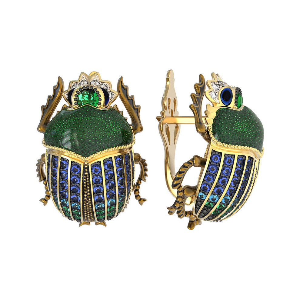 Серьги из лимонного золота c эмаль , фианитом и турмалином