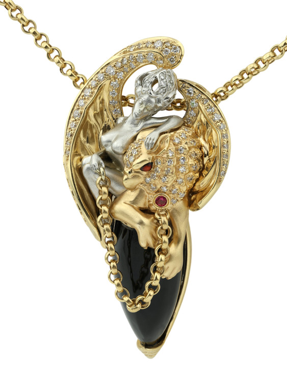 Колье из лимонного золота c эмаль , бриллиантами, рубином, ониксом и рубином