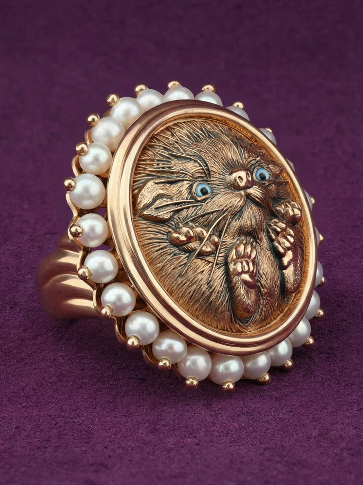 Кольцо из красного золота 585 пробы c эмалью и жемчугом