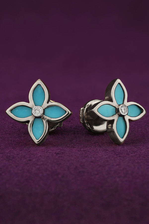 Серьги из белого золота c бриллиантами и бирюзой