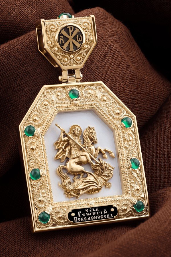 Образок из лимонного золота c эмалью и хризопразом