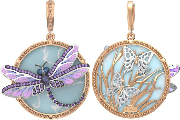 Подвеска из золота c бирюзой, аметистом и эмалью