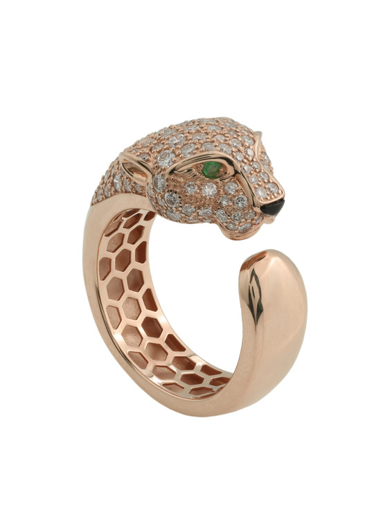 Кольцо из розового золота c бриллиантами, изумрудом и ониксом