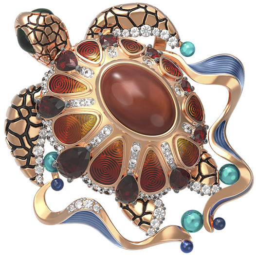 Подвеска из золота c эмаль , фианитом, гранатом и янтарём