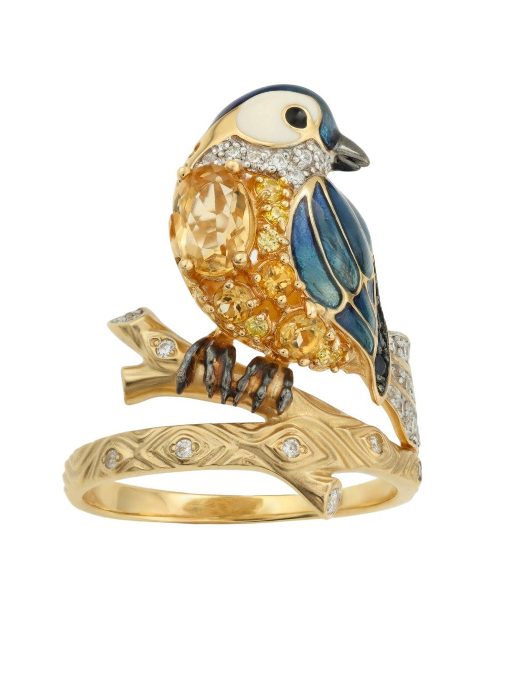 Кольцо из лимонного золота c эмаль , фианитом, цитрином и сапфиром