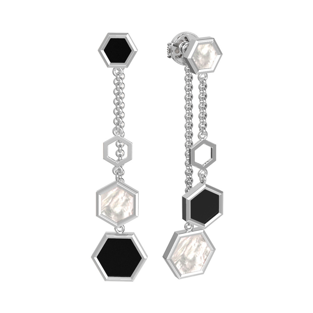 Серьги из белого золота c ониксом и перламутром