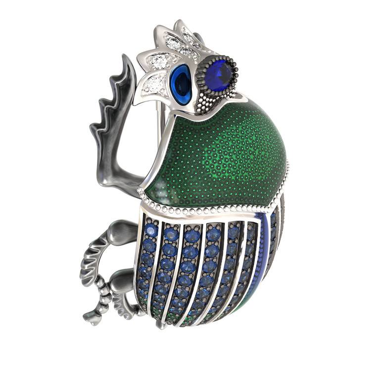 Брошь из белого золота c эмаль , фианитом и сапфиром