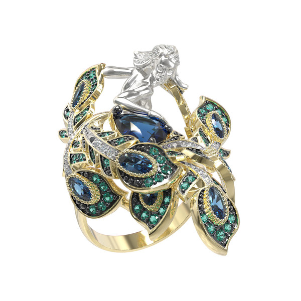 Кольцо из лимонного золота c фианитом и топазом London Blue