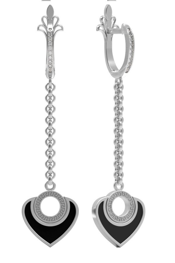 Серьги из белого золота c фианитом и ониксом