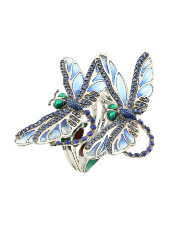 Кольцо из белого золота c сапфиром и эмалью