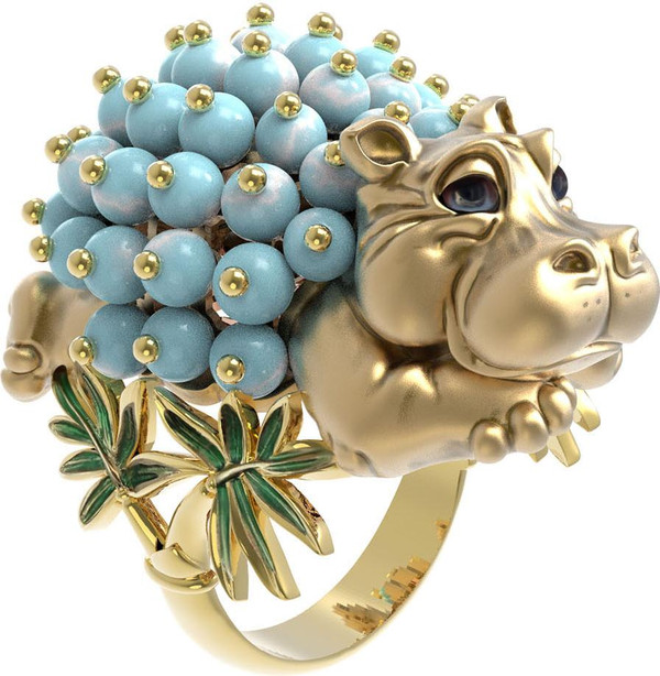 Кольцо из лимонного золота c эмаль и бирюзой