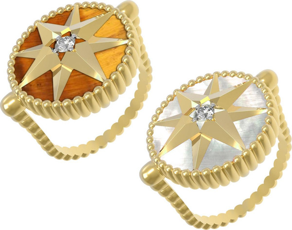 Кольцо из лимонного золота c фианитом, тигровым глазом и перламутром