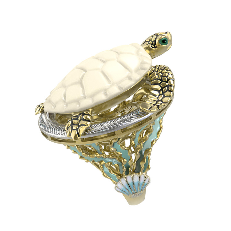 Кольцо из лимонного золота c эмалью и бивнем мамонта