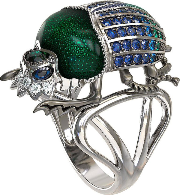 Кольцо из белого золота c эмаль , фианитом и сапфиром