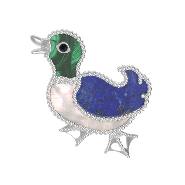 Брошь из белого золота c эмаль , лазуритом, малахитом и перламутром