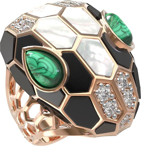 Кольцо из золота c бриллиантами, рубином, ониксом, малахитом и перламутром