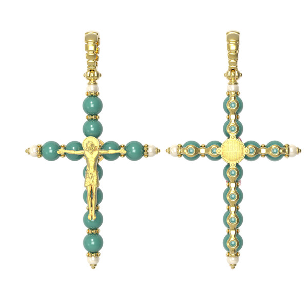 Крест из лимонного золота c жемчугом и бирюзой