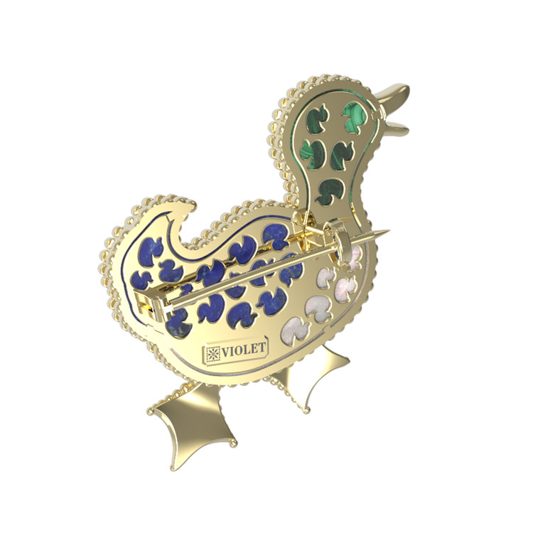 Брошь из лимонного золота c эмаль , лазуритом, малахитом и перламутром