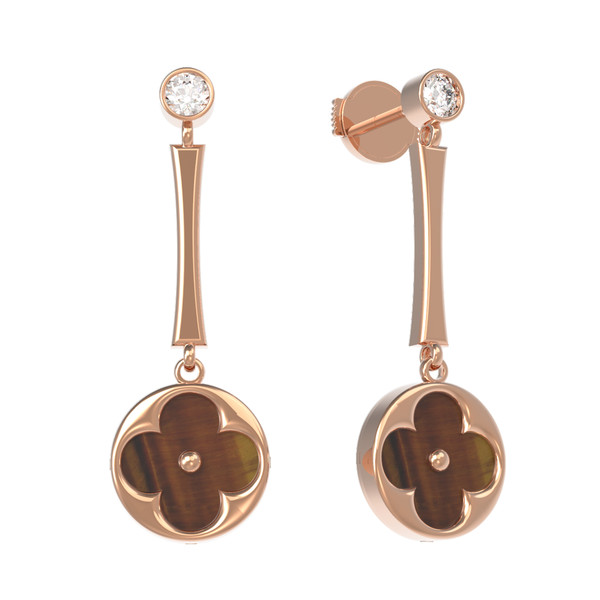 Серьги из золота c фианитом и тигровым глазом