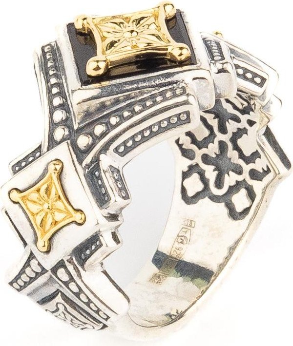 Кольцо из серебра и золота c ониксом и рубином