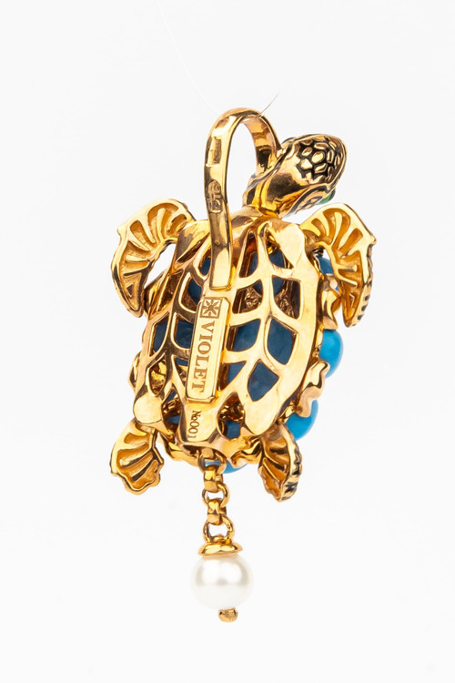 Подвеска из золота c эмаль , жемчугом и бирюзой