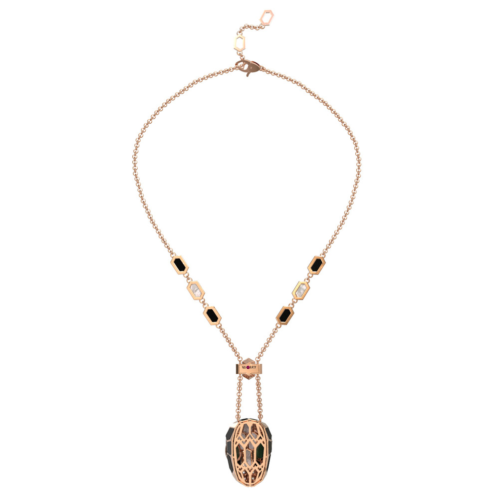 Колье из золота c бриллиантами, рубином, ониксом, малахитом и перламутром