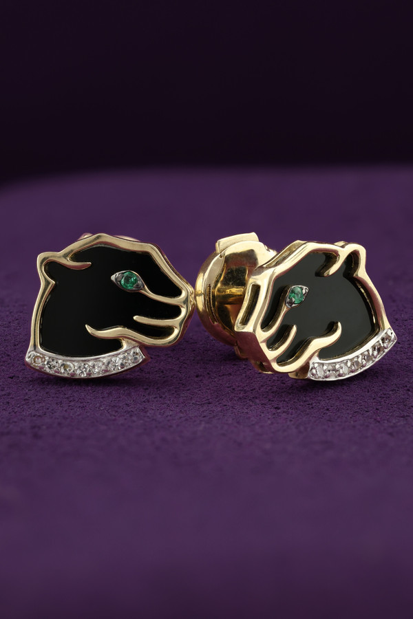 Серьги из лимонного золота c бриллиантами, изумрудом и ониксом