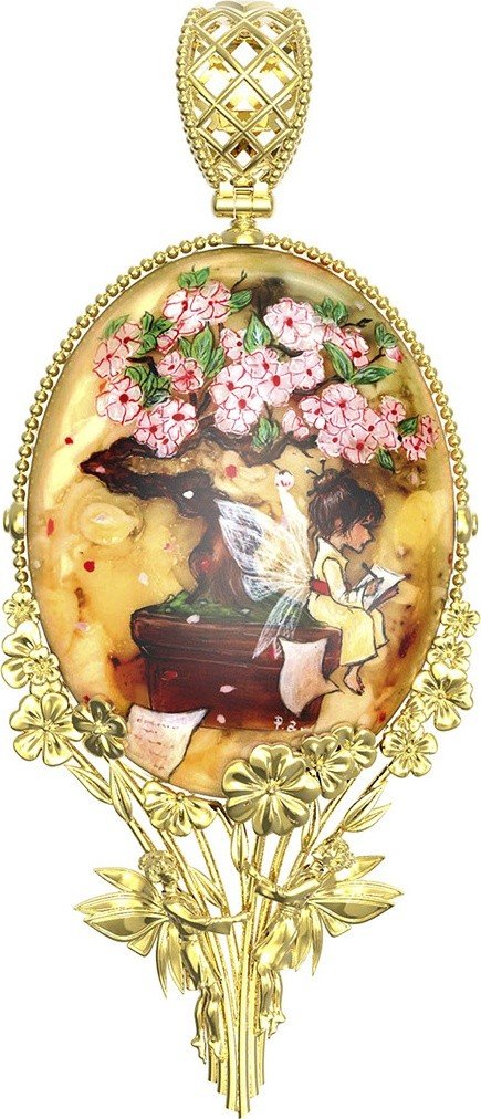 Подвеска из лимонного золота c росписным янтарём