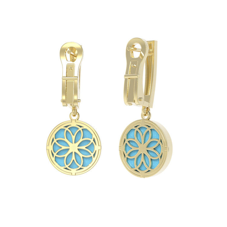 Серьги из лимонного золота c бриллиантами и бирюзой