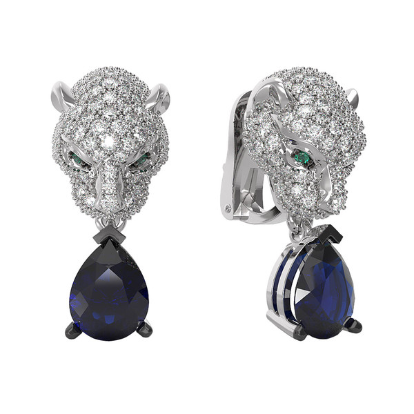 Серьги из белого золота c бриллиантами, сапфиром и изумрудом